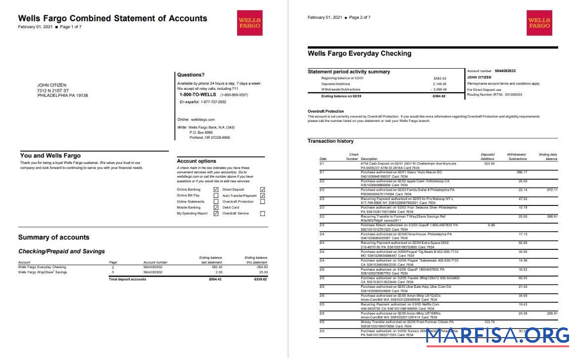 Downloadable USA Wells Fargo bank statement word 7 pages template